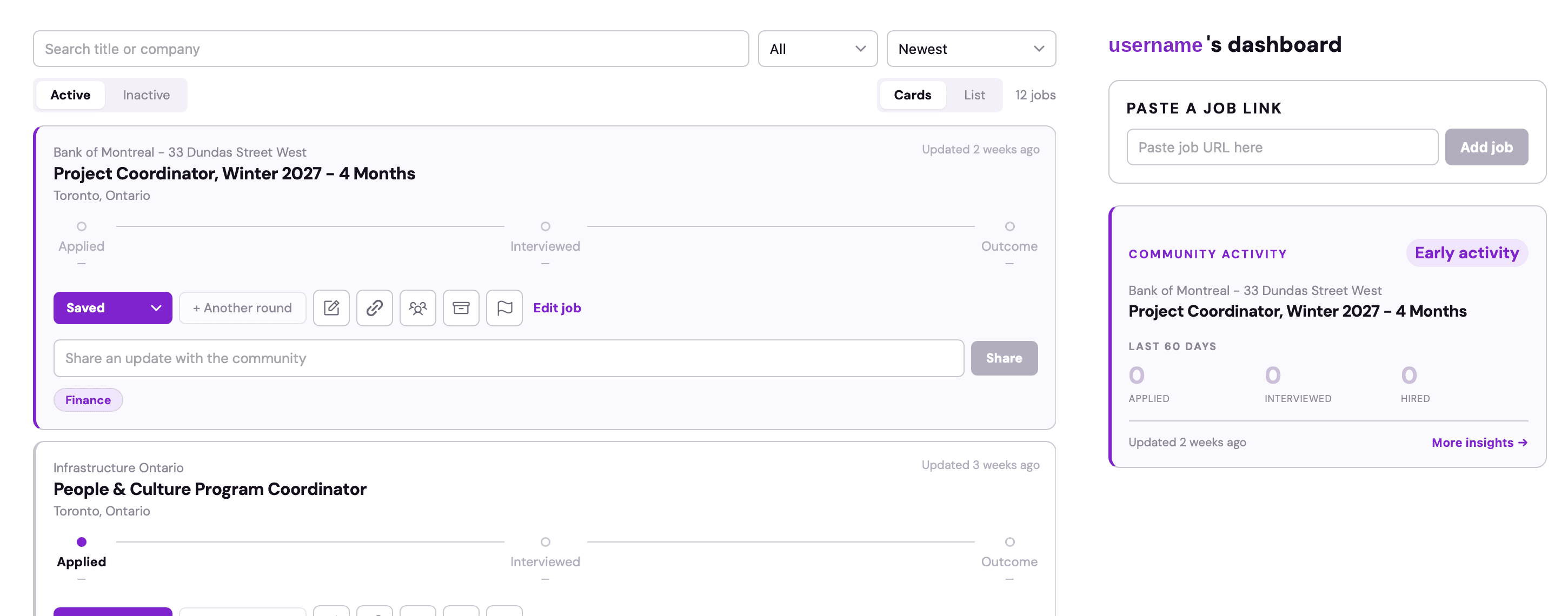 The Bodash dashboard: paste a job link to add it, then track each application as it moves from applied to heard back, interviewed, or hired.